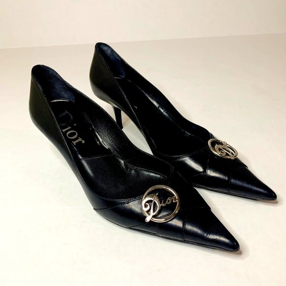 Vintage Dior Black Leather Heel w/ Silver Charm